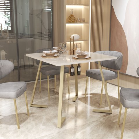 Mesa de Jantar de Aço 80x80 Reforçada Industrial Nantes - Champanhe/offwhite