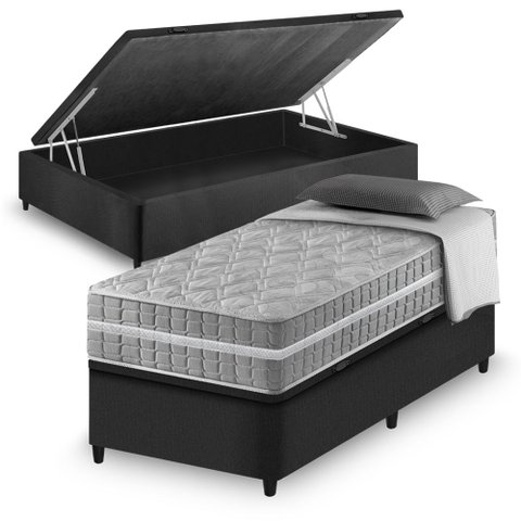 Cama Box Baú Solteiro King Preto + Colchão Molas Ensacadas Zidi Alabama 96x203x66cm