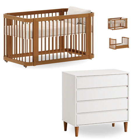 Conjunto Berço Evolutivo e Cômoda com 4 Gavetas Branco com Nogueira