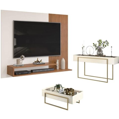 Painel para Tv Nando Freijó Off White com Aparador para Sala Petri e Mesa de Centro Petri Off White 