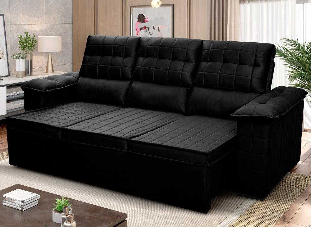 Sofá Retrátil Reclinável 4 Lugares com Molas 2,30m Quantum Suede Velut Preto - King House