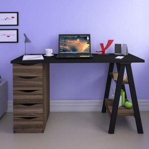 Mesa Escrivaninha Retrô 5 Gavetas e Cavalete Artany Spirit Ii Preto/ipê