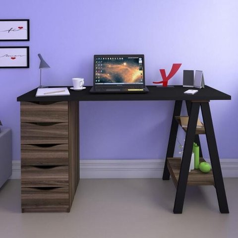 Mesa Escrivaninha Retrô 5 Gavetas e Cavalete Artany Spirit Ii Preto/ipê