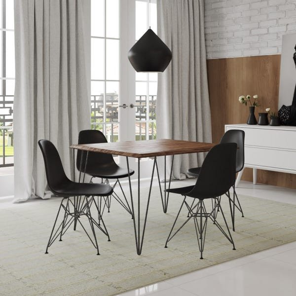 Conjunto Mesa de Jantar Industrial Clips Amêndoa 120x75 com 4 Cadeiras Eiffel Pretas de Ferro Preto