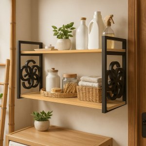 Prateleira Decorativa 70cm Amadeirada com Suporte Estilo Industrial Preto Suspensa Nicho Estante