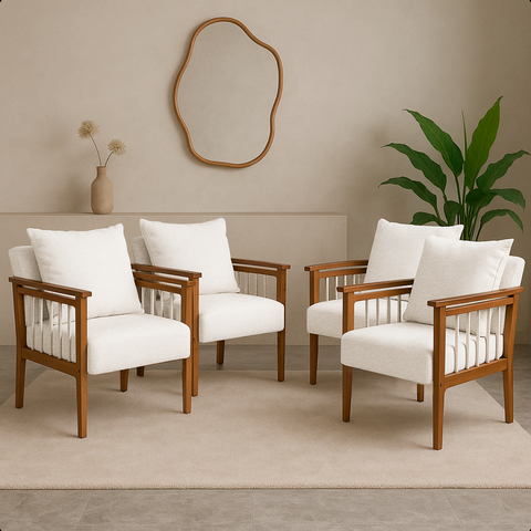 Kit 4 Poltrona Sala Decorativa Ayla Estofada Boucle Branco Base Madeira Castanho - Arkell