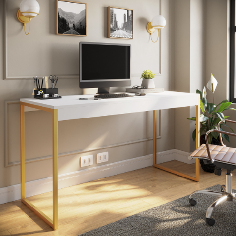 Escrivaninha 1,50cm para Escritório Estilo Industrial Mesa Home Office - Branco/dourado