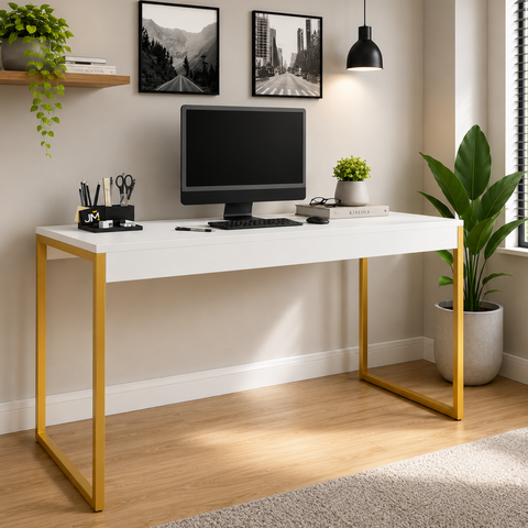 Mesa para Escritório com Estrutura de Aço Diretor 1,50 cm - Branco/Dourado