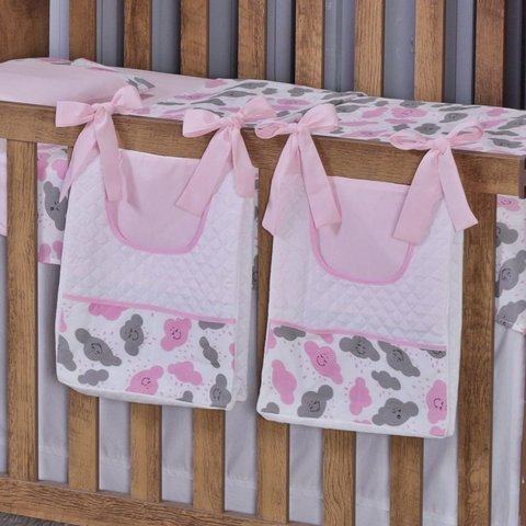 Porta Fralda Organizador Quarto de Bebê Menino Menina 2 Peças com Laço:nuvem Rosa