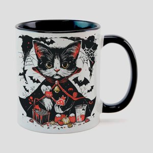 Caneca Branca com Interna Preta Y5 Gato Halloween Abobora 46