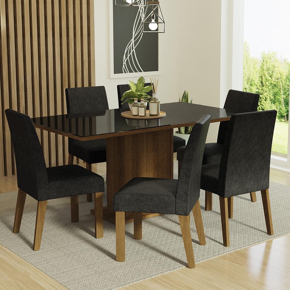Conjunto Sala de Jantar Mesa Tampo de Vidro 6 Cadeiras Rustic/preto/oxford Alexis Madesa