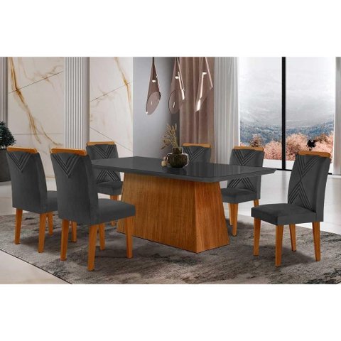 Conjunto: Mesa Sala Jantar Luna Tampo Madeirado C/ Vidro Curvo 180x90 e 6 Cadeiras Amsterdã