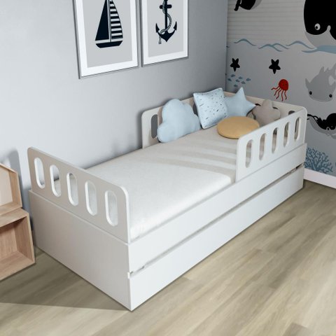 Bicama Solteiro Mdf Bp Branco com 02 Grades e Cabeceira Megamobilia