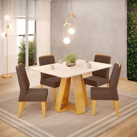 Conjunto Sala de Jantar Mesa Tampo Retangular Chanfrado Curvo Mad/vid 120 X 90cm Kiara Cedro Off Whi