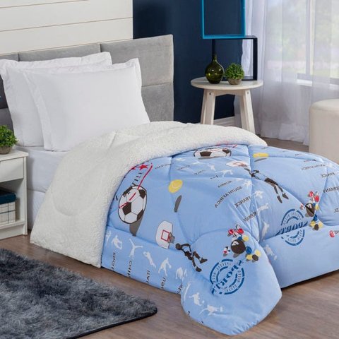 Coberdrom Esportes Solteiro Infantil Sherpa Toque Lã de Carneiro 1 Peça - Azul