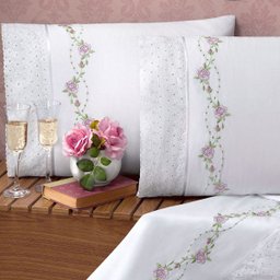 Kit Cobre Leito Bristol Queen Percal Bordado 180 Fios com Jogo Lençol 10 Peças - Branco Floral - 4