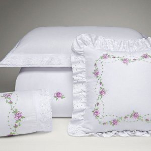 Kit Cobre Leito Bristol Queen Percal Bordado 180 Fios com Jogo Lençol 10 Peças - Branco Floral