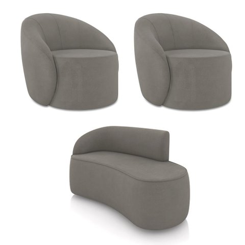 Sofá 2 Lugares Orgânico 140cm Morgan e 2 Poltronas Lua Suede Grafite D03 - D’Rossi