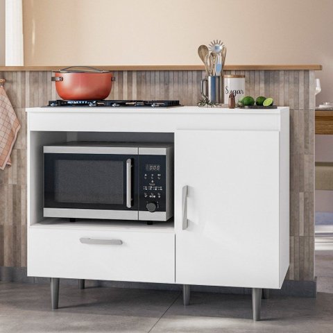 Balcão para Cooktop 4 Bocas Alecrim 105cm Espaço para Forno Multiuso 1 Porta 1 Gaveta Branco Poliman