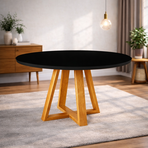 Mesa de Jantar Luxo Tampo Mdf/vidro Redonda para 4 Lugares Pés Madeira Maciça Pérola - Mel/preto