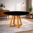 Ver imagem 1 de Mesa de Jantar Luxo Tampo Mdf/vidro Redonda para 4 Lugares Pés Madeira Maciça Pérola - Mel/preto