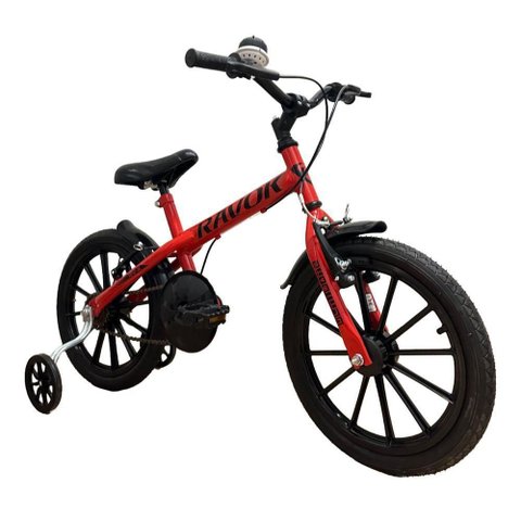 Bicicleta Infantil Aro 16 com Rodinhas e Buzina V-Brake Vermelho Ravok