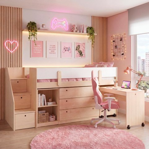 Cama Elevada com Escrivaninha, Armário com Prateleira e Cômoda Artsy Casatema MadeiraOriginals