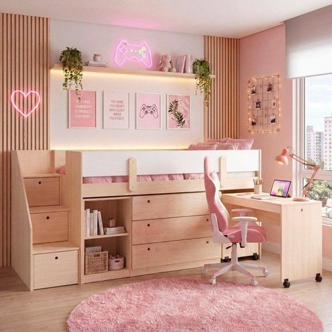 Cama Elevada com Escrivaninha, Armário e Cômoda MDF Artsy Casatema MadeiraOriginals Natural/Branco