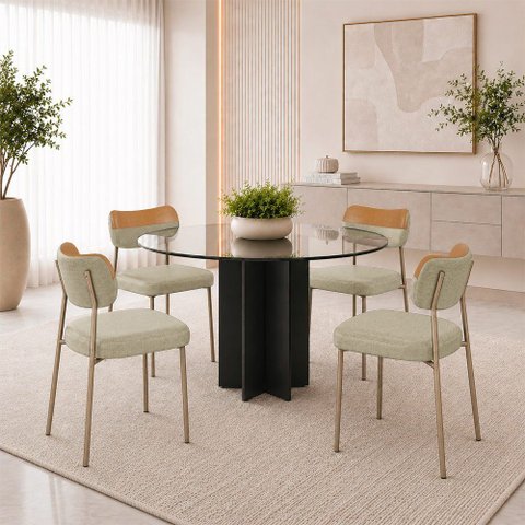 Kit 4 Cadeiras Sala de Jantar Lisa Pés Champanhe Linho/PU Bege/Caramelo m² - Monari Design