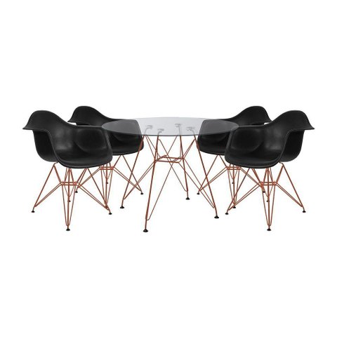 Conjunto Jantar Mesa Vidro Redonda 110cm com 4 Poltronas Pretas Ferro Cobre Preto