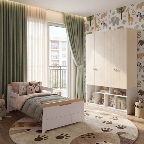 Quarto Infantil Cama com Grades Petit e Guarda Roupa Curió 4 Portas Madeiraoriginals Branco/Natural