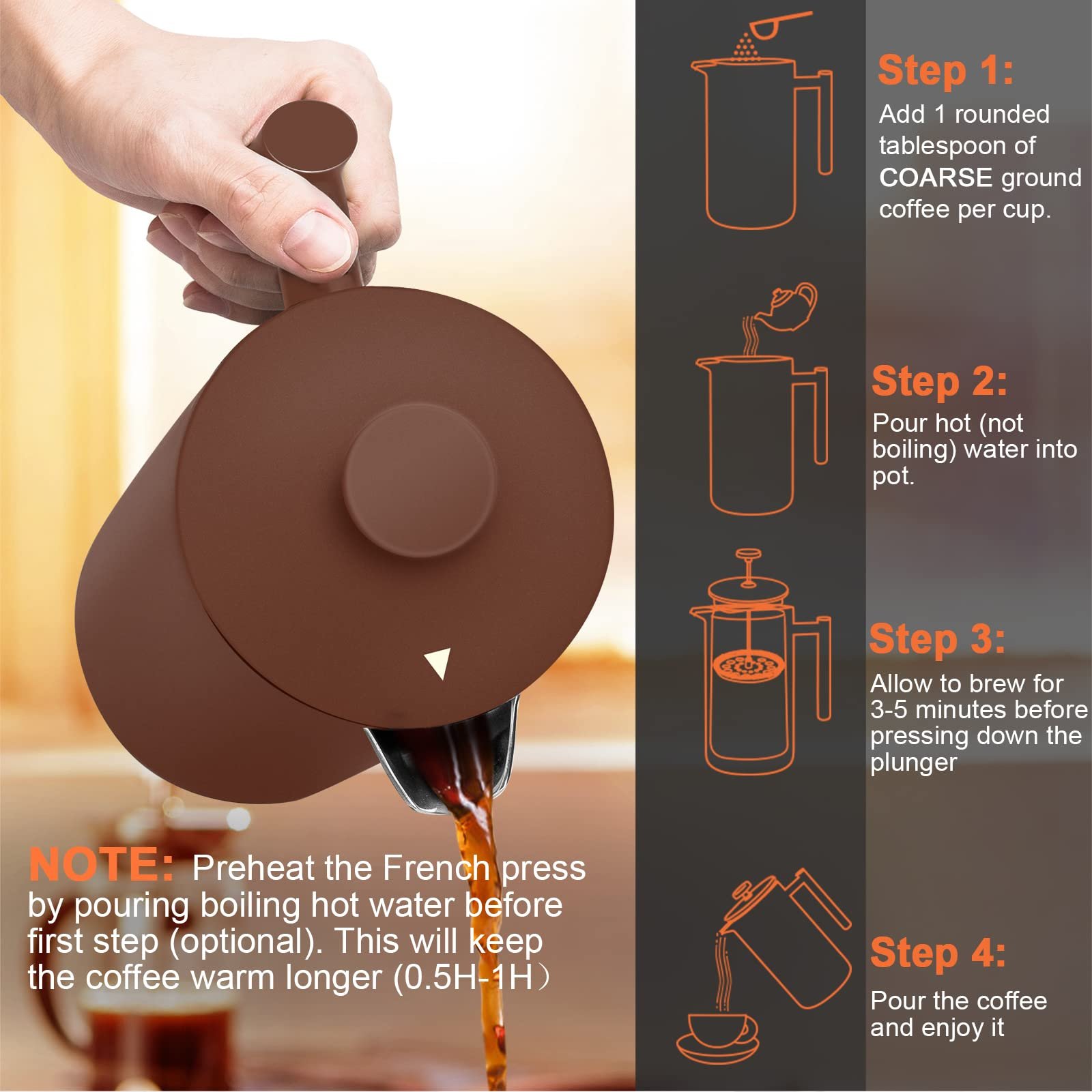Secura Cafeteira French Press de Aço Inoxidável 1 Litro com 2 Telas Extras - 7