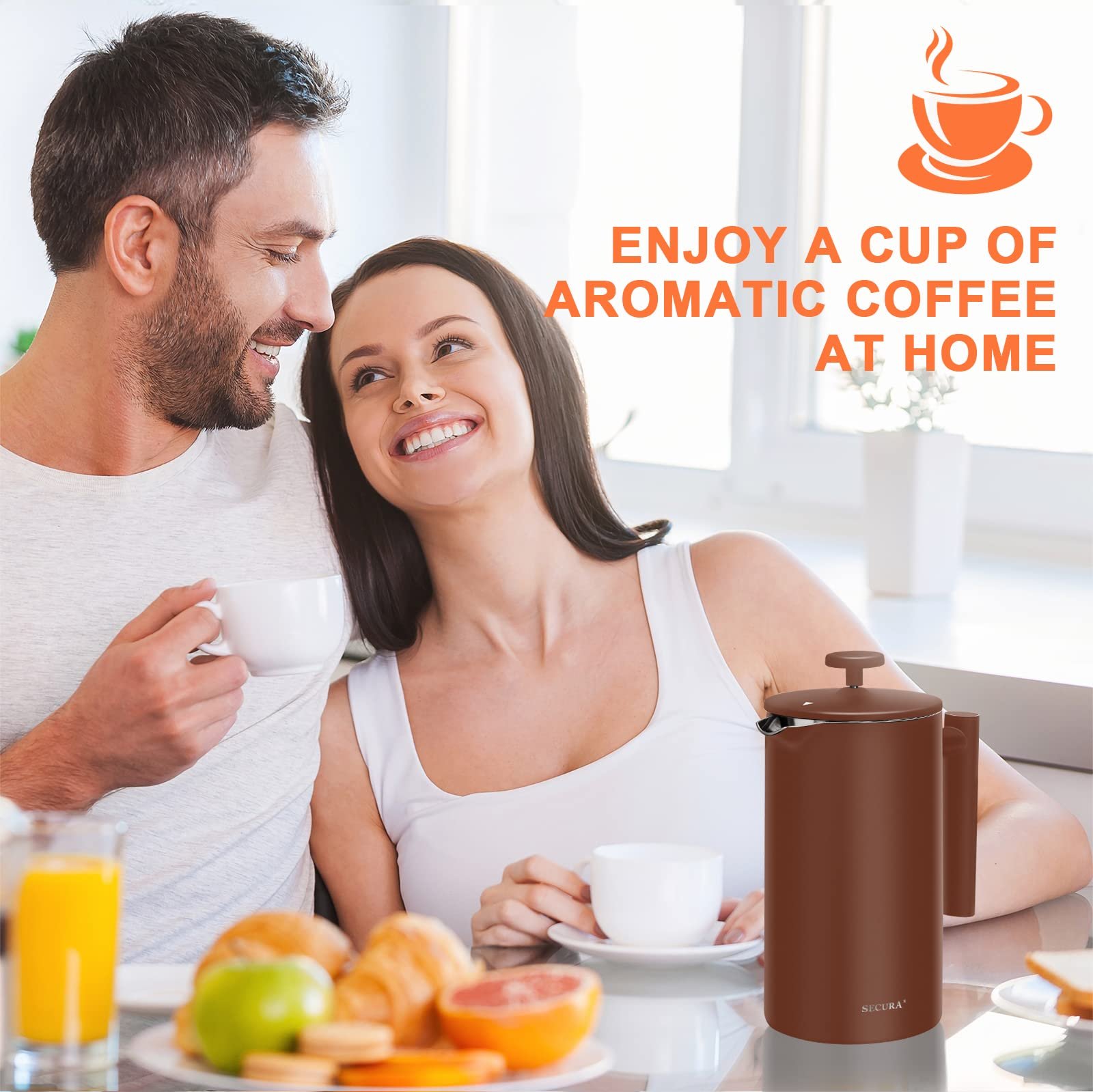 Secura Cafeteira French Press de Aço Inoxidável 1 Litro com 2 Telas Extras - 8