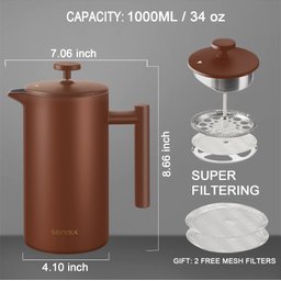 Secura Cafeteira French Press de Aço Inoxidável 1 Litro com 2 Telas Extras - 3