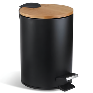 Lixeira com Pedal Preta Aço Inox 5 Litros com Tampa de Bambu Estilo Moderno para Qualquer Ambiente
