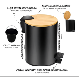 Lixeira com Pedal Preta Aço Inox 5 Litros com Tampa de Bambu Estilo Moderno para Qualquer Ambiente - 2
