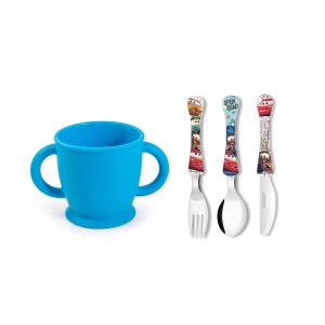 Copo Infantil Silicone Azul e Talheres Carros Criança Kids