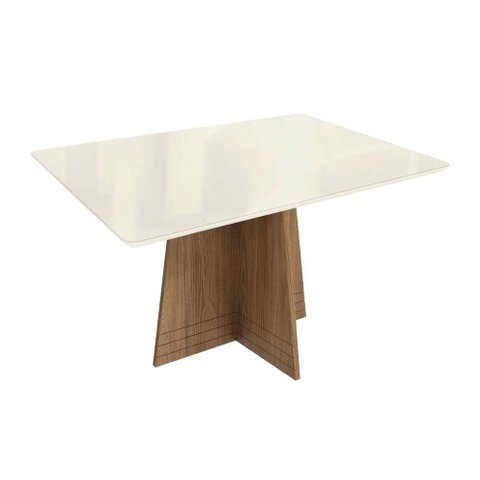 Mesa de Sala Jantar Lótus C/ Tampo Madeirado C/ Vidro 80x120cm Nogueira/off White/vidro Off White