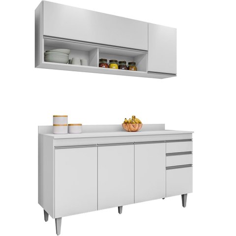 Kit Balcão 4 Portas e Armário Aéreo 150 Cm Lupin Branco