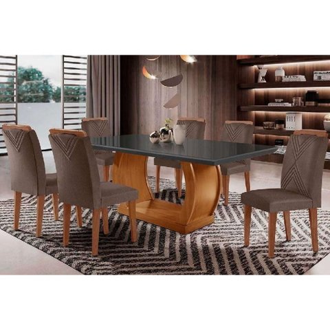 Conjunto: Mesa de Cozinha Jade Curvo 180cm + 6 Cadeiras Amsterdã Madeira Imbuia/Grafite - Capuccino