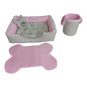 Kit Pet Caes e Gatos Cesto Organizador Cama P Personalizada Jogo Americano Rosa Caminha P com Ziper