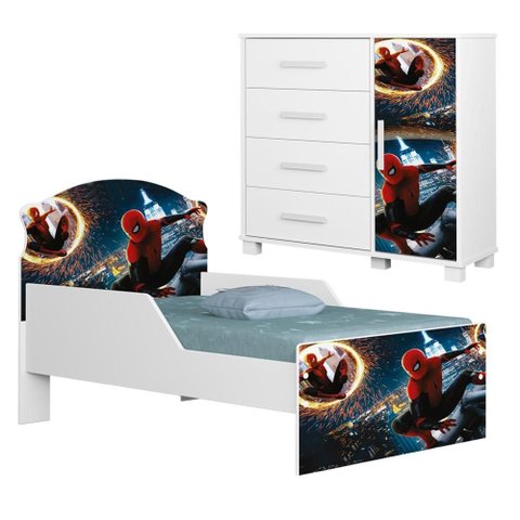 Mini Cama Infantil 153x79 e Comoda 4 Gavetas 1 Porta MDF Livia Decmade
