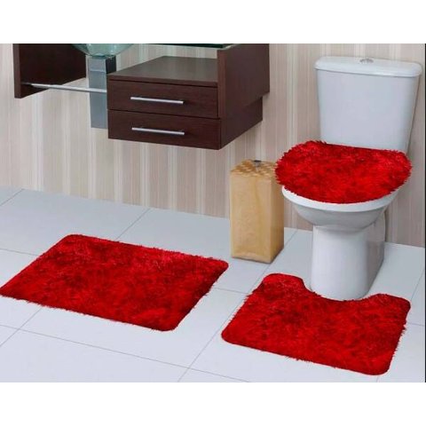 Kit Jogo De Banheiro 3 Peças Peludo Felpudo Shaggy Luxo:BORDO