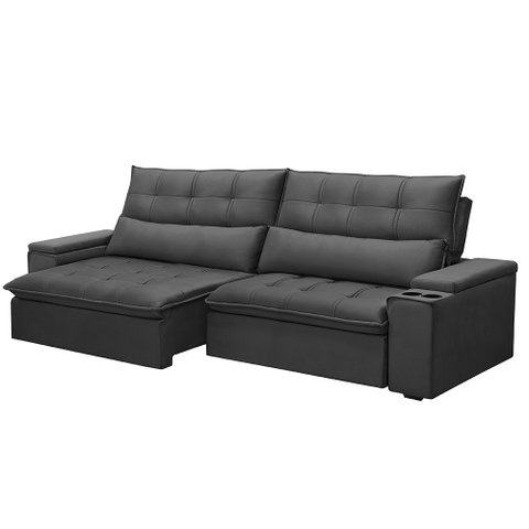 Sofá Retrátil e Reclinável 3 Lugares 230cm Robem Porta Copos no Braço Veludo Grafite G22 - Gran Belo