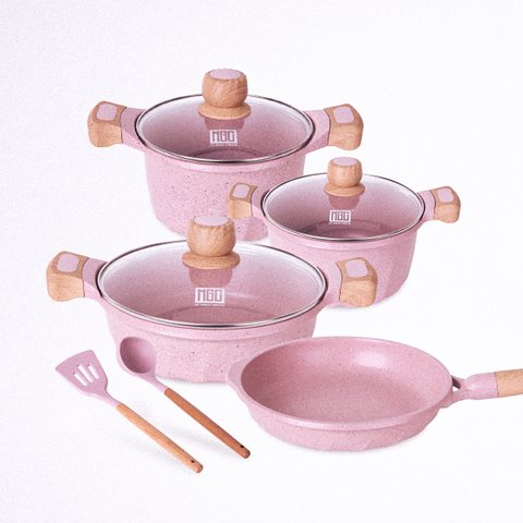 Jogo Panelas Antiaderente Revestimento Mármore 9pçs Rosê