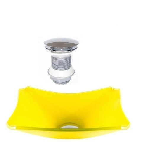 CUBA DE VIDRO RETANGULAR CHANFRADA 37CM AMARELO + VÁLVULA CLICK
