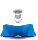 Ver imagem 1 de CUBA DE VIDRO RETANGULAR CHANFRADA 37CM AZUL ESCURO + VÁLVULA CLICK