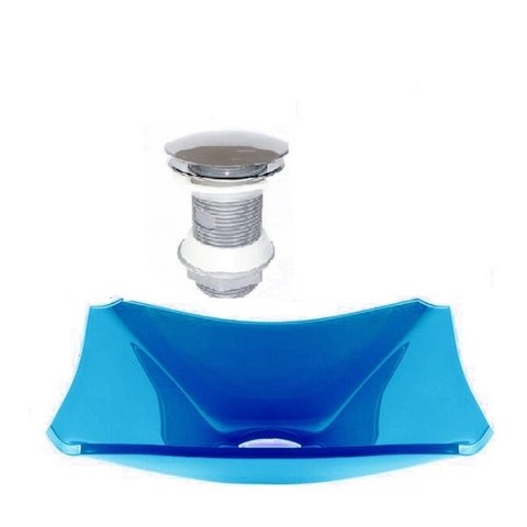 CUBA DE VIDRO RETANGULAR CHANFRADA 37CM AZUL CLARO + VÁLVULA CLICK