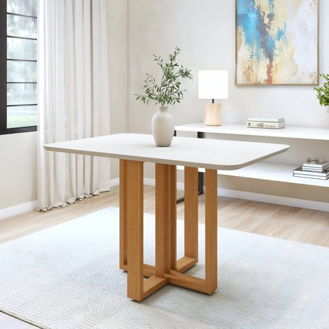 Mesa de Jantar 4 Lugares Tampo MDF Tessera Off White Amêndoa Clean/Off White