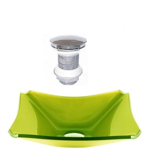 CUBA DE VIDRO RETANGULAR CHANFRADA 37CM VERDE OLIVA + VÁLVULA CLICK